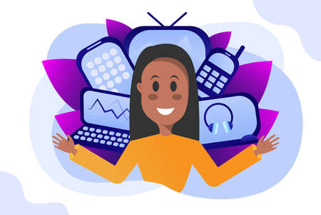 Modern technological background with woman and electronic devices. Computer, mobile phones, TV, earphones, laptop. Background in white and blue colors with purple leavesのイラスト素材