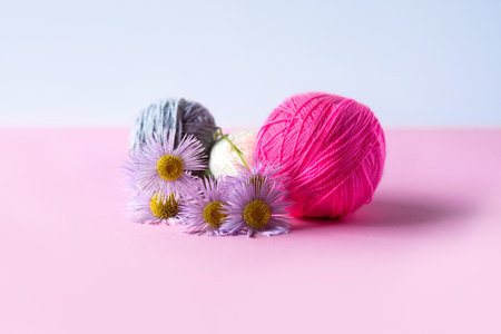 Pink, blue and white balls of thread with purple erigeron flowers on a pink backgroundの写真素材