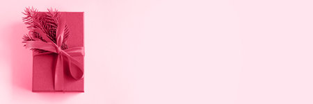 Gift box with a Christmas tree branch of the color Viva Magenta. Color of the year 2023.の写真素材