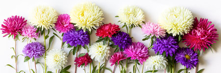 Floral arrangement of pink lilac and white aster and dahlia flowers, bannerの写真素材