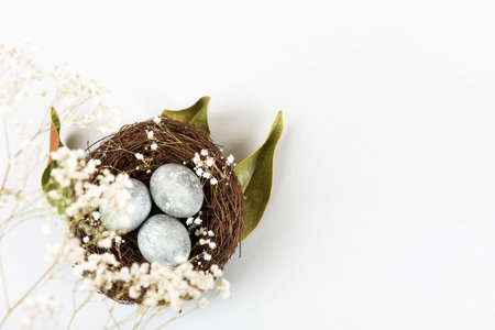 Brown nest of twigs with three gray Easter eggs, feathers, dried magnolia leaves and sprigs of...