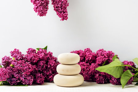Wood stones podium and lilac flowers. Concept scene stage showcase for new product, banner, promotion sale, cosmetic, presentationの写真素材