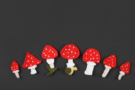 Knitted toys mushrooms fly agaric on a black background. Baby stuff and accessories. Halloween greeting card mockup with copy space. Happy Halloween holiday concept. Top view, flat lay, banner.の写真素材