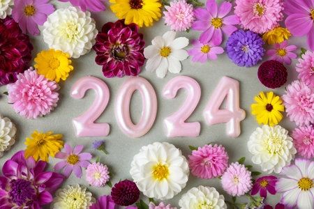 Pink numbers and colorful flowers of dahlias, calendulas, marigolds, asters on a gray background. 2024 new year idea concept. Simple and clean design Happy New Year 2024 and Merry Christmas. Flat layの写真素材