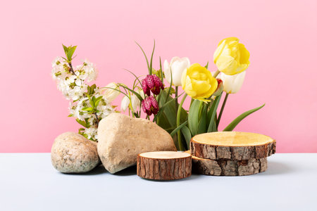 Stones and wood slice podium with spring flowers tulips, branches of cherry blossoms, grouse....