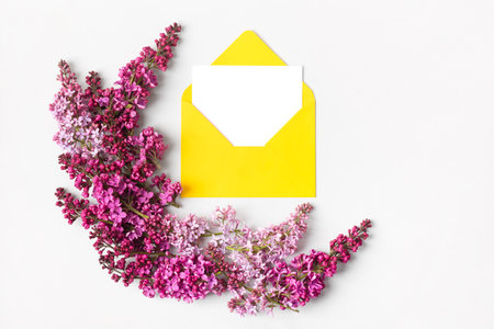 Yellow envelope with clean white sheet of paper for your text and spring flowers purple lilac on gray background. Invitation to the holidays. Flat lay.の写真素材