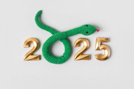 Knitted toy striped green snake and gold numbers. Symbol of the year 2025 on gray background.