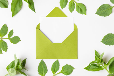 Green leaves dahlias on white background with green envelope and sheet of blank paper for text and...