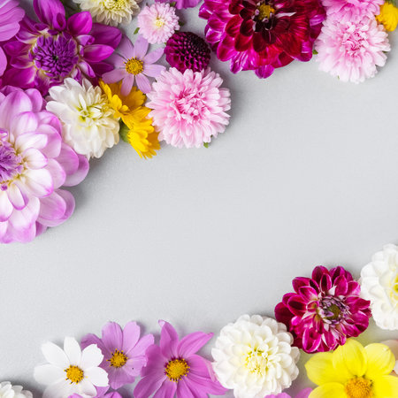 Floral background of flowers asters, dahlias, calendula. Floral Greeting card. Colorful autumn...
