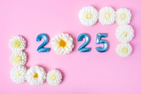 Blue numbers and white dahlia flowers on a pink background. 2025 new year idea concept. Simple and...