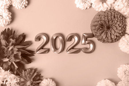 Numbers and dahlia flowers. 2025 new year idea concept. Demonstrating the colors of 2025 - Mocha...