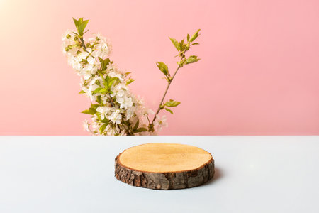 Wood slice podium with spring branches of cherry blossoms. Concept scene stage showcase for new product, banner, promotion sale, cosmetic, presentationの写真素材