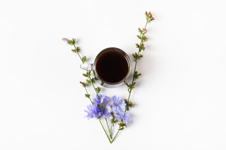 Glass cup with decaf chicory drink and blue chicory flowers on gray background. Healthy eatingの写真素材