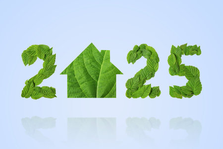Green leaves in the shape of numbers 2025 and home on a blue background. New Year 2025 save it earth...