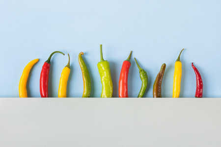 Red, green and yellow hot pepper on a blue and gray background with space for text. Flat lay....