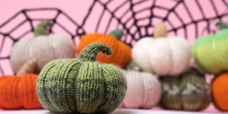 Green knitted pumpkin in the foreground against a background of colorful pumpkins and knitted black cobwebs. Halloween concept. Handmade knitted toys for children and holiday home decor.の写真素材