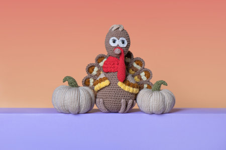 Knitted turkey toy and grey pumpkins on orange background and a purple table. Concept of...
