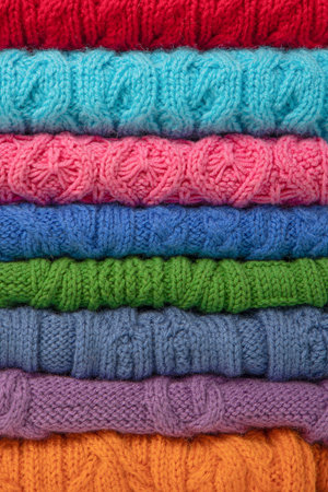 Abstract knitted background from set of multicolored knitted clothes stacked. Space for text. Knitting warm clothes, blankets and blankets. Concept of home needleworkの写真素材