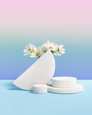 White round podium set on a gradient blue-purple background white cosmos flowers. Concept scene stage showcase for new product, sale, cosmetic, presentation. Abstract geometric composition in minimalist design.の写真素材