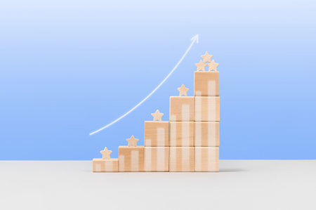 Wooden blocks in form of graphical steps up and white arrow of business growth process, start-up, business goals management, sustainable financial plan. Action plan, profit, economic improvement conceptsの写真素材