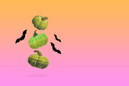 Knitted green pumpkins with black bats on purple orange gradient background, autumn composition, front view. Halloween concept.の写真素材