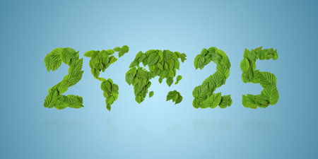 Green leaves in the shape of numbers 2025 and world map on a blue background. World Nature...