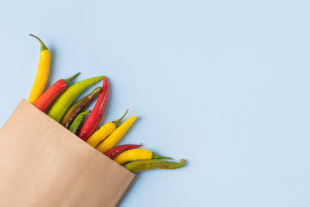 Red, green and yellow hot pepper in paper bag on light gray background with place for text. Healthy food, fresh healthy vegetables from the gardenの写真素材