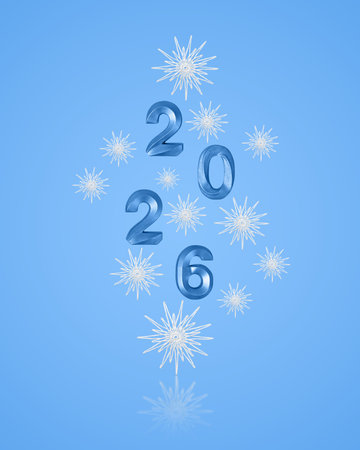 Merry Christmas and New Year 2026 greeting card. Blue numbers 2026 and white snowflakes on a blue...
