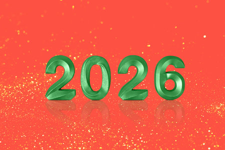 Green numbers 2026 on red background with golden holiday lights. Postcard for New Year and Christmas