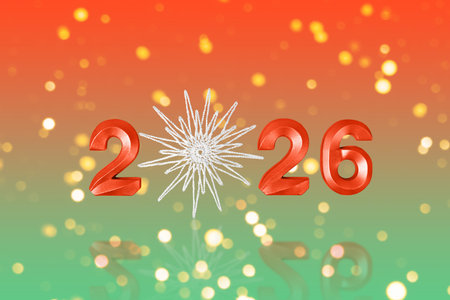 Christmas card of red numbers 2026 and white snowflakes on a red green gradient background with...