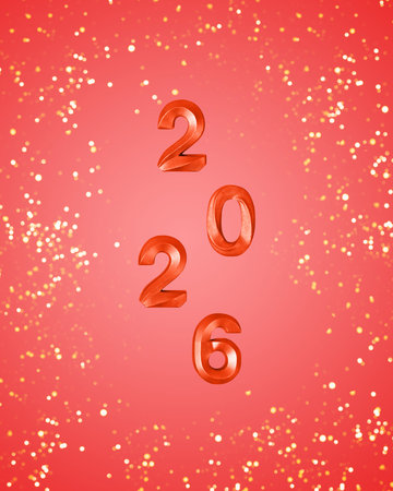 Red numbers 2026 on red background with golden holiday lights. Postcard for New Year and Christmas