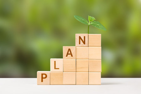 Wooden cubes with the words plan and young green seedling symbolizes are business progress, symbol of success, strategic development of a company, startup. Business conceptの写真素材