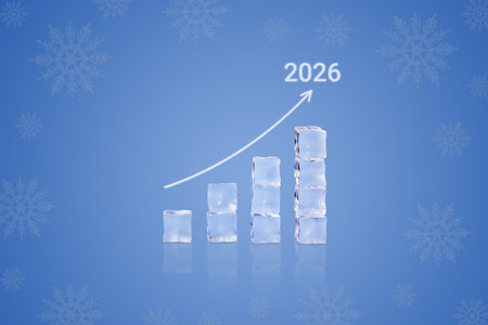 Glass blocks in form of graphical steps up and blue arrow of business growth process new year 2026,...