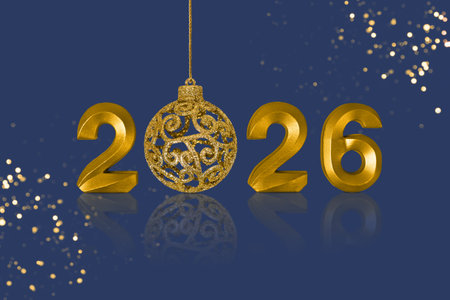 Christmas and New Year card for 2026. Golden numbers 2026, a Christmas tree bauble on a blue...