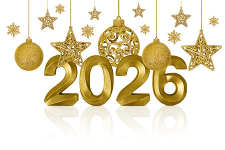 Christmas and New Year card for 2026. Golden numbers 2026, a golden snowflake, a star and snowflakes...
