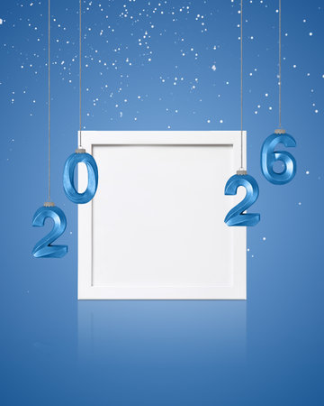 Christmas and New Year card. Blue numbers and white frame on blue background. Festive winter holiday background. Design with copy space for greeting card, text, advertising, banner, invitationの写真素材