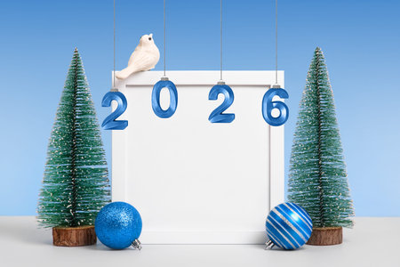 Christmas background with Christmas trees, turquoise ball, white birds and white frame for text,...