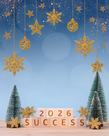 New Year 2026 and Christmas postcard. Wooden cubes with numbers 2026 and word success and green...