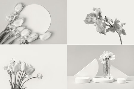 Presentation of a trending color 2026 - Cloud Dancer in the form of a collage of different shapes and textures. Various types of tulips, irises, and cosmos flowers. Color conceptの写真素材