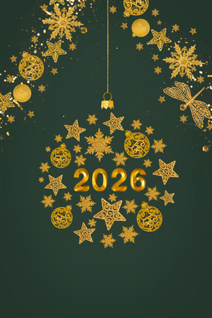 Christmas and New Years composition in the shape of a golden ball on a Christmas tree made of...