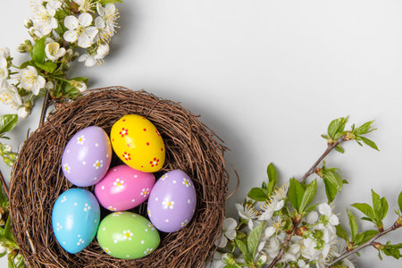 Easter colored painted eggs in bird nest and blooming spring cherry branches on gray background in...