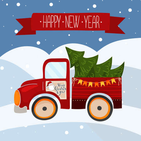 Festive van with a Christmas tree in the back. Vector illustration for printing greeting cards in a funny cartoon light style.のイラスト素材