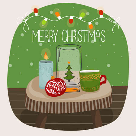 Cozy cute greeting card featuring a Christmas tea set, a personal diary and a Christmas tree toy. Vector illustration in cartoon style for postcard printing or digital use.のイラスト素材