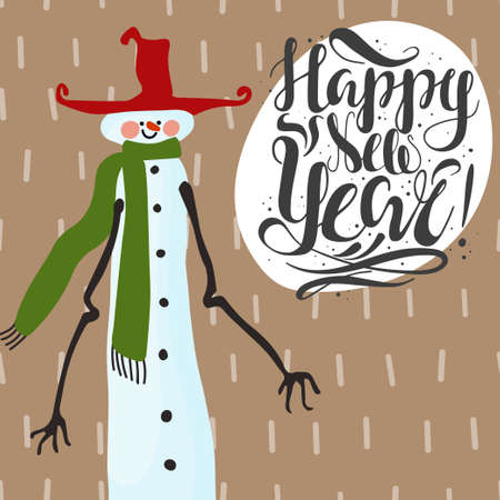 Happy new year greeting card with funny snowman. Vector illustration in a festive cartoon style, art for printing on postcards.のイラスト素材