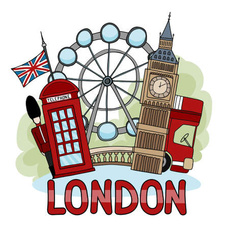Vector illustration about London depicting London landmarks: telephone box, British flag, London Eye, London famous bus. Image in cartoon hand-drawn style for print and digital use.のイラスト素材
