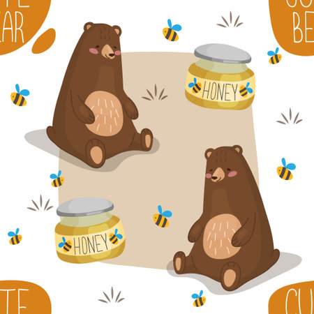 Seamless honey pattern with cartoon brown bear. Grizzly bears love honey. Vector illustration print...