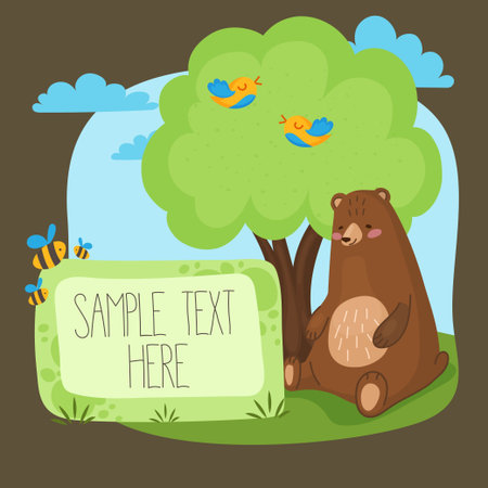 Children's poster with a cute cartoon brown bear sitting under a tree with birds and bees. frame for your text with title, advertisement, announcement. Vector illustration for print and design of social networks.のイラスト素材