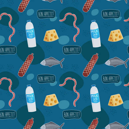 Seamless endless blue food pattern - ham, cheese, milk, sausages, fish. Vector illustration in cute hand-drawn flat style for merchandise print or digital use.のイラスト素材
