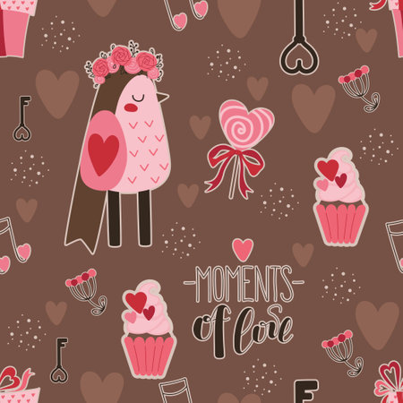 Seamless pattern with pink birds, flowers, keys, lollipops and cupcakes for valentine's day. Vector illustration in cute cartoon flat style for printing onto fabric, printing, wallpaper, wrapping paper.のイラスト素材