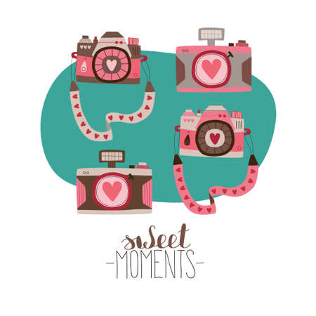 A set of single images for valentine's day. Love camera with hearts. Vector illustration in cute cartoon flat style for printing onto fabric, T-shirts, wallpaper, wrapping paper.のイラスト素材